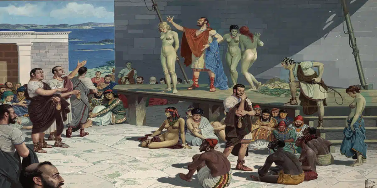 Men bid on women at a slave market in Greece